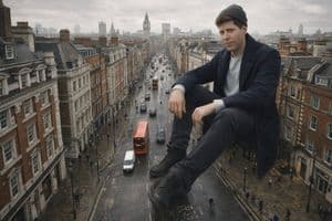 ロンドンの通りに座る巨大な男性 プロンプト - 1