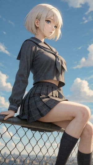 女孩在屋顶眺望天空