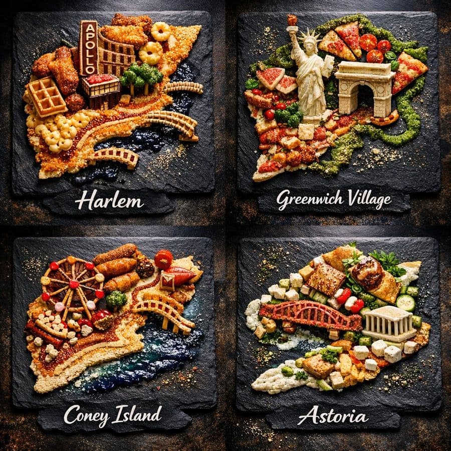 Arte culinario extremo: cuadrícula de los barrios de Nueva York