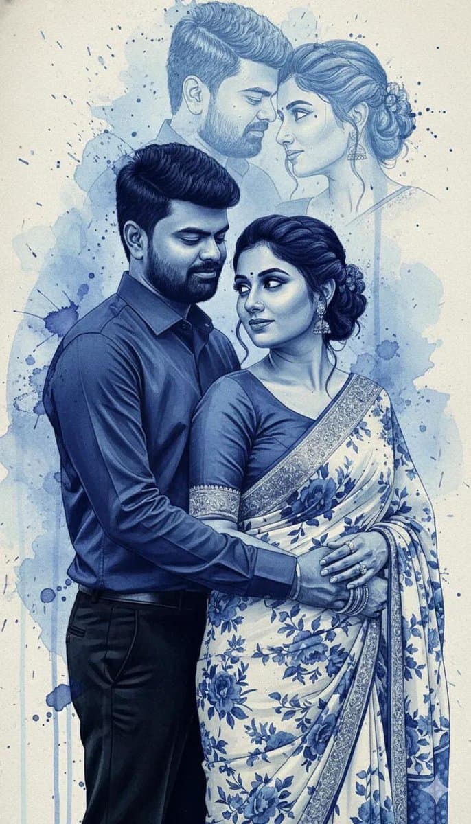 Retrato Romântico com Tinta Azul Derramada