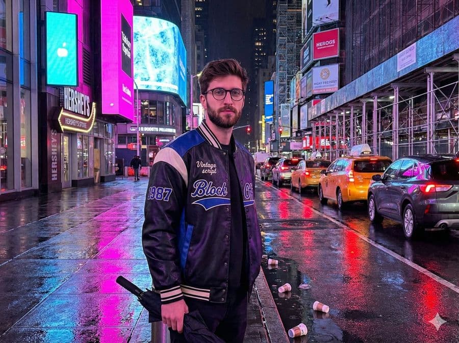 Prompt estructurado complejo para una escena de Times Square lluvioso con descripción detallada del sujeto