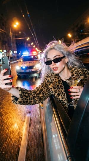 超逼真电影感夜间街头自拍，高速逃亡中