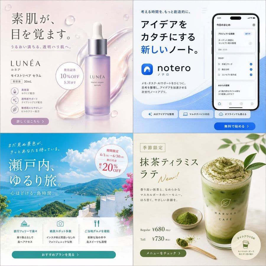 Cuatro conceptos de banners publicitarios japoneses