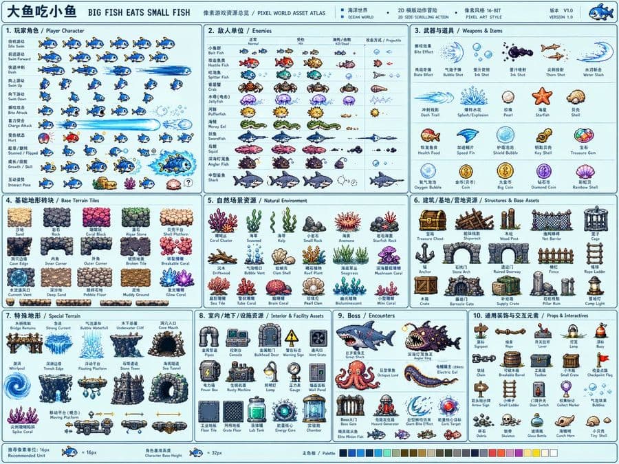 Modelo de Atlas de Ativos para Jogos em Pixel Art