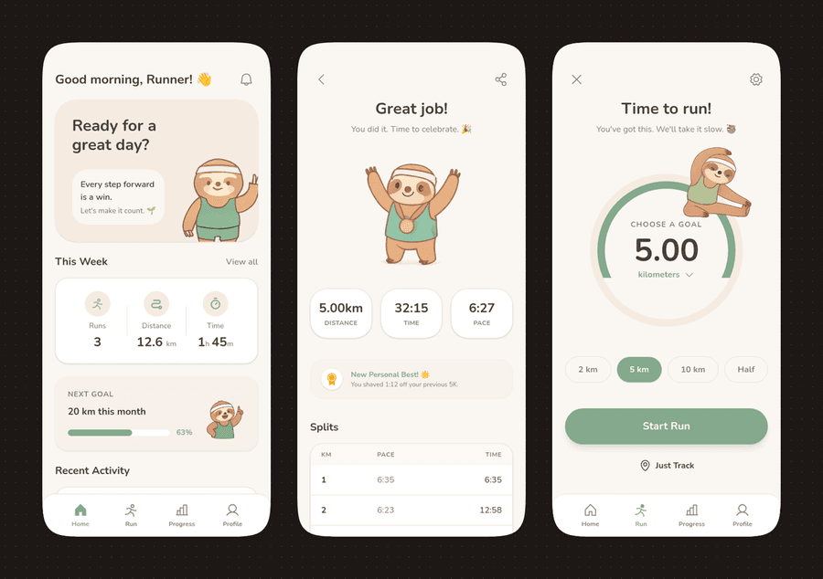 Interface de Aplicativo de Corrida em Tons Pastel com Mascote Bicho-preguiça