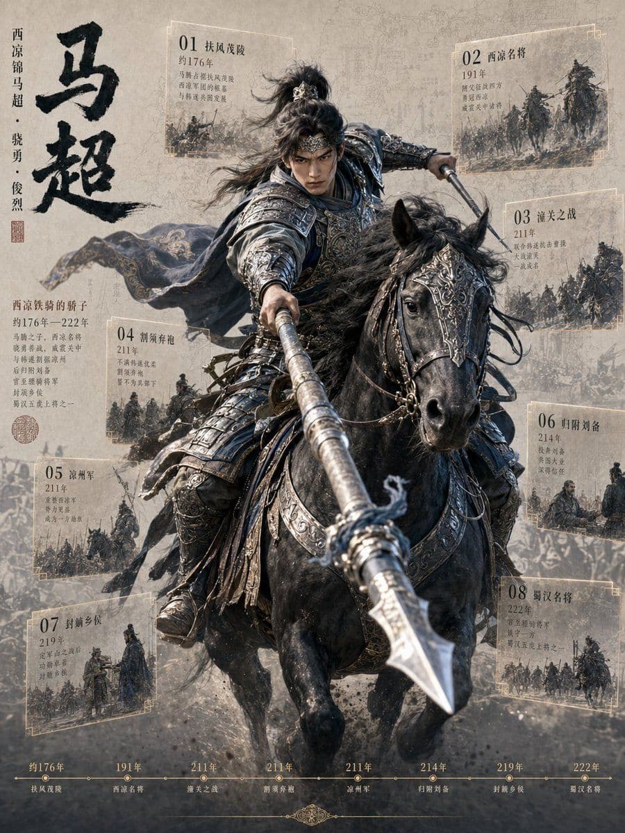 โปสเตอร์ลำดับเหตุการณ์ทางประวัติศาสตร์ของ ม้าเฉียว (Ma Chao)