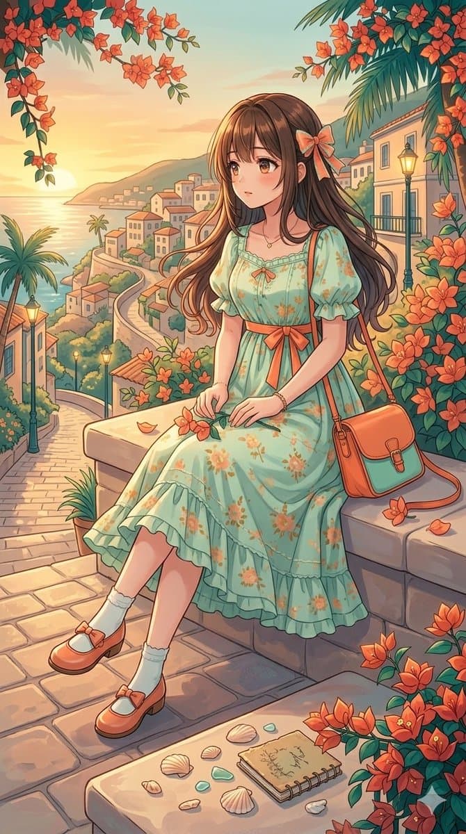 Spaziergang durch ein Küstendorf im Anime-Stil