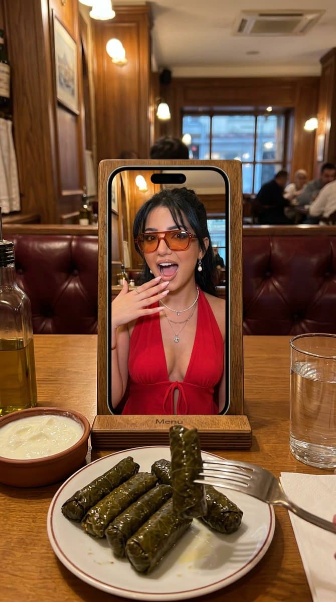 レストランのテーブルに置かれたスマホ越しのメタ写真