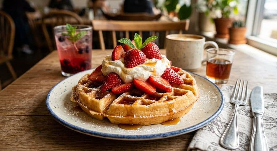 Fotografía de un apetitoso gofre con fresas
