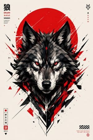 Geometric Wolf Head Japanese Poster - 1