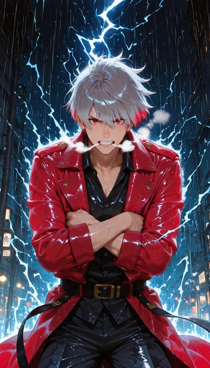 Rainy Anime Swordsman in Red Coat