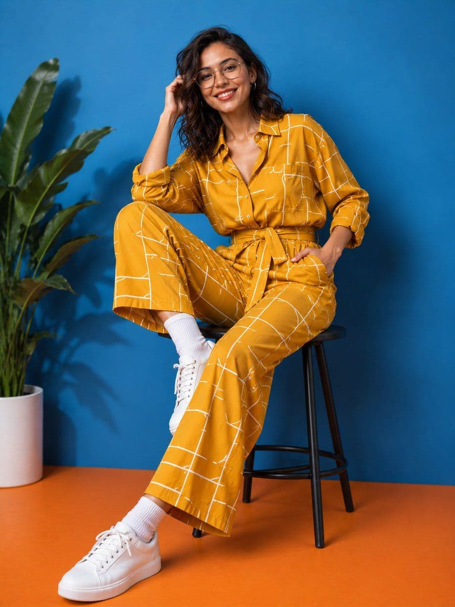 Moda y estilo de vida con mono naranja estampado
