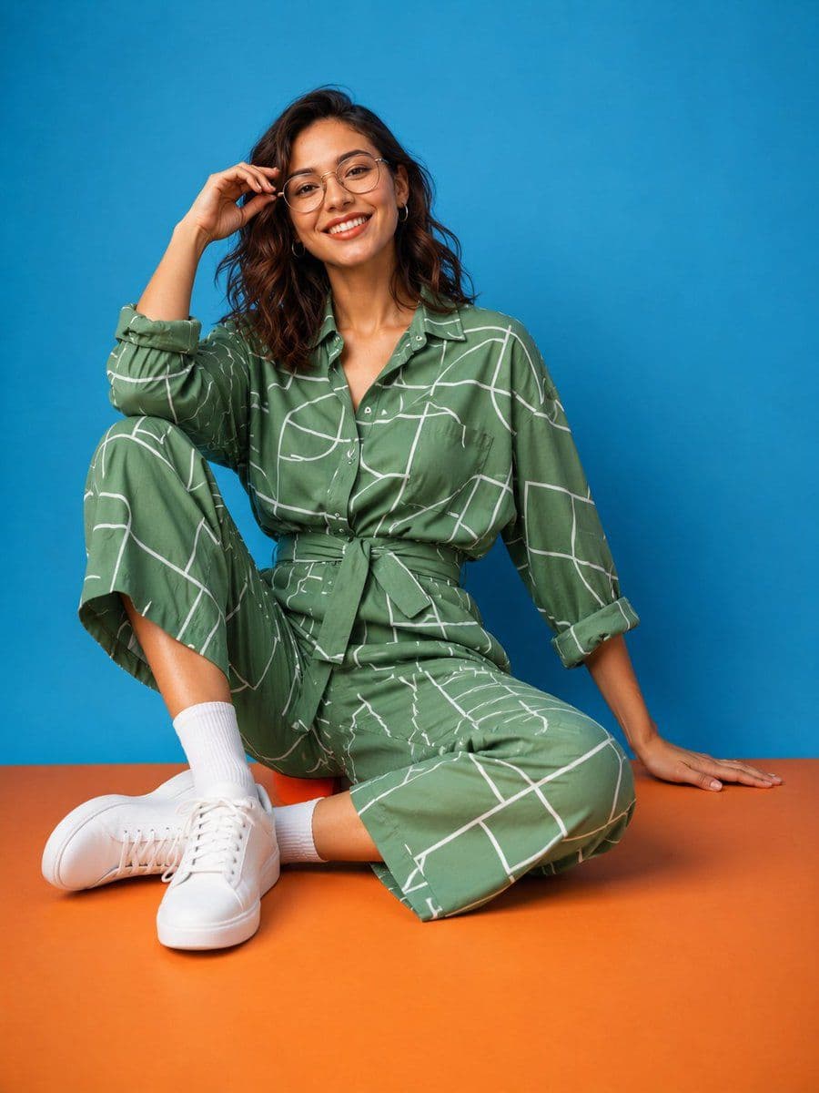 Moda y estilo de vida con mono naranja estampado