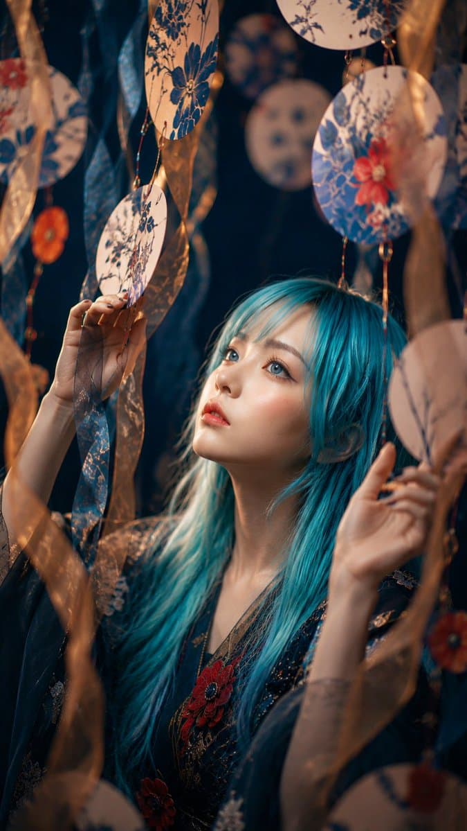 Porträt einer Frau mit blauem Haar auf einem Festival