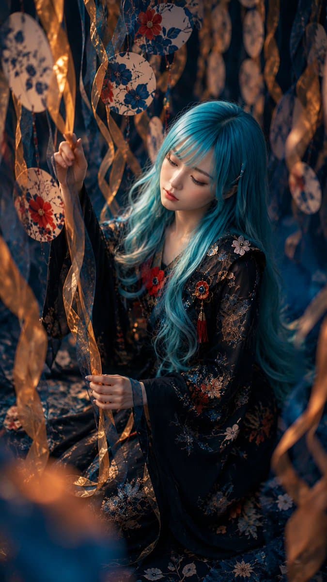 Porträt einer Frau mit blauem Haar auf einem Festival