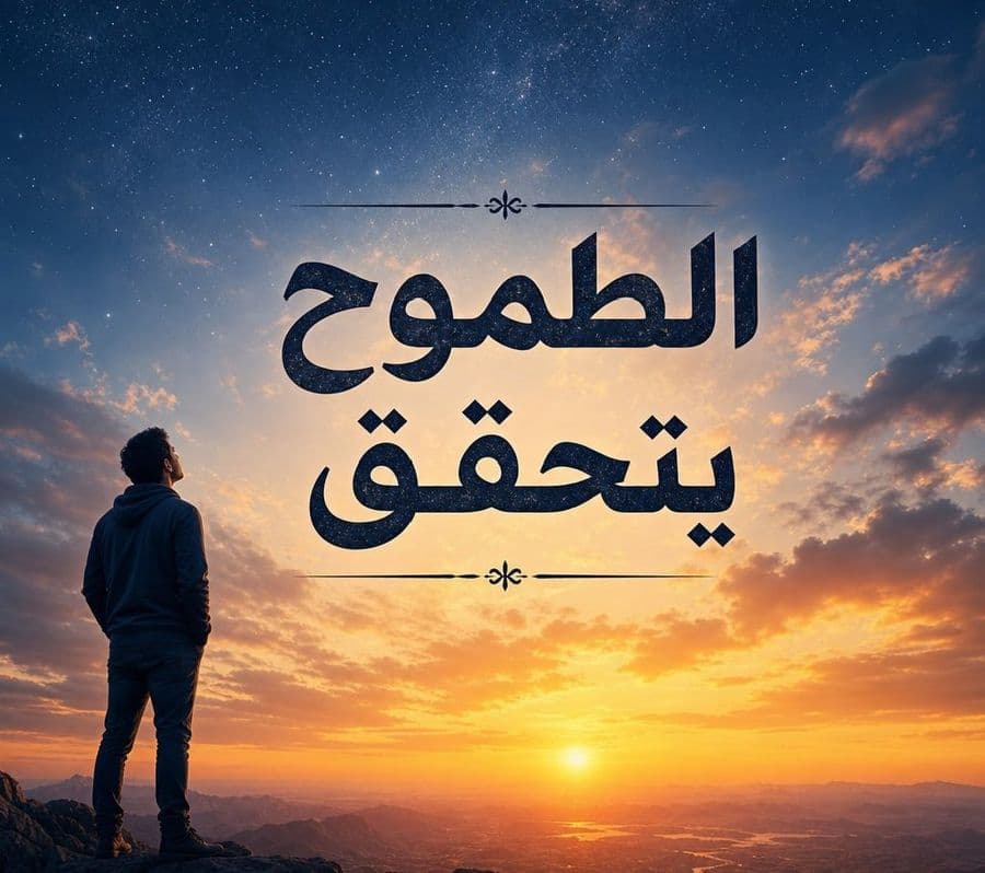 Arabisches Motivationsposter „Ambition“ bei Sonnenuntergang