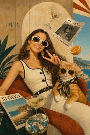 Illustration éditoriale surréaliste style Riviera des années 1960