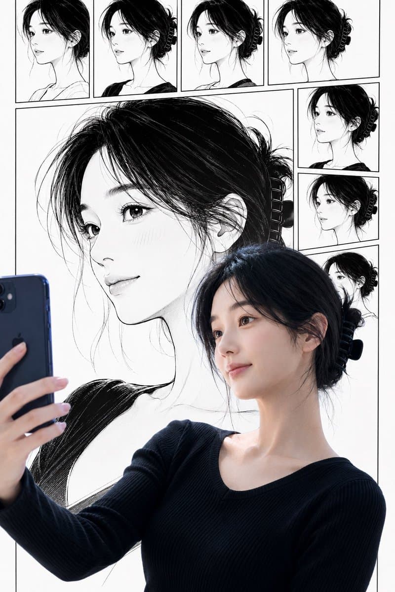 Selfie de mujer real con su contraparte manga