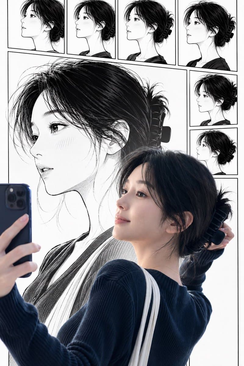Selfie de mujer real con su contraparte manga