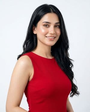 Anonymized Red Dress Studio Portrait