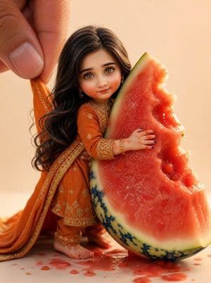 Miniaturpuppe umarmt Wassermelone