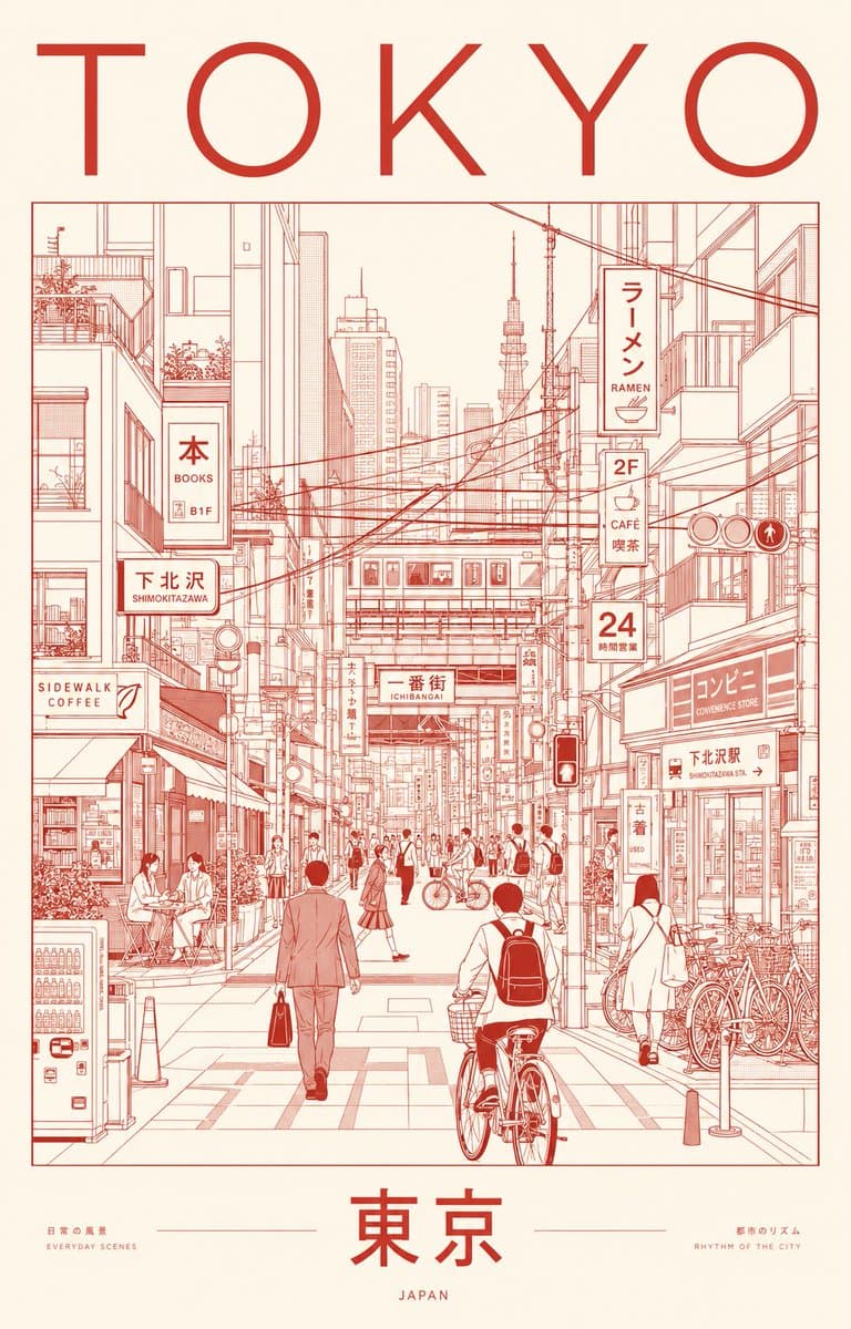 Pôster Minimalista de Arte Linear da Cidade de Tóquio