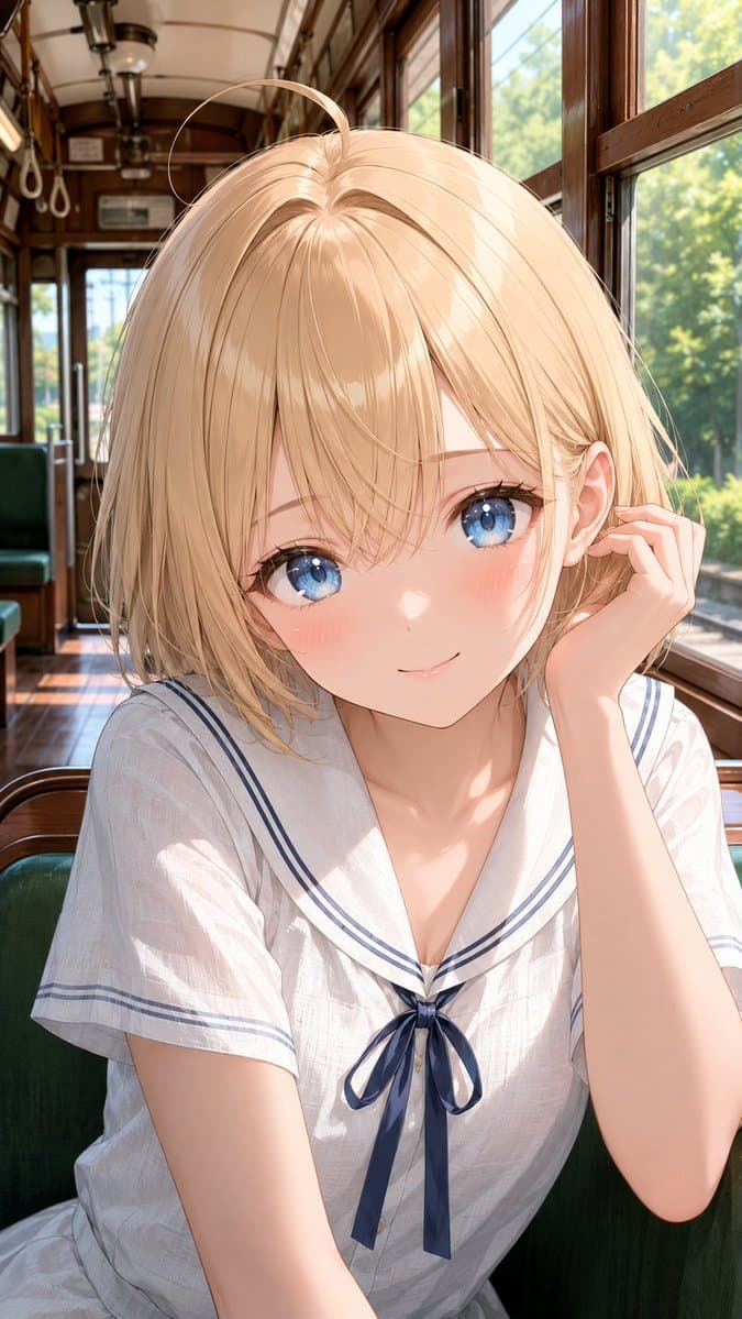 Chica anime tímida en tranvía de verano