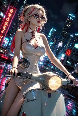 Motociclista cyberpunk en una Vespa en Hong Kong