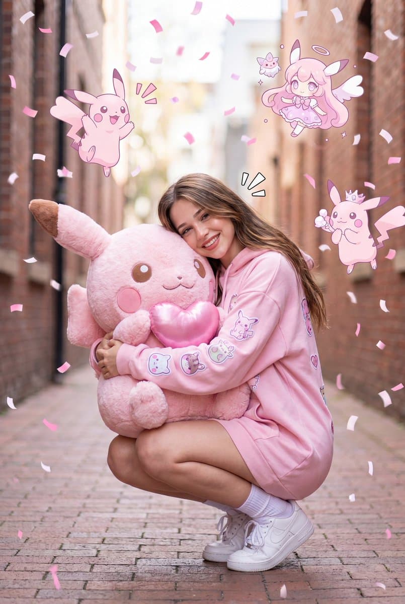 Retrato en un callejón kawaii con un Pikachu gigante