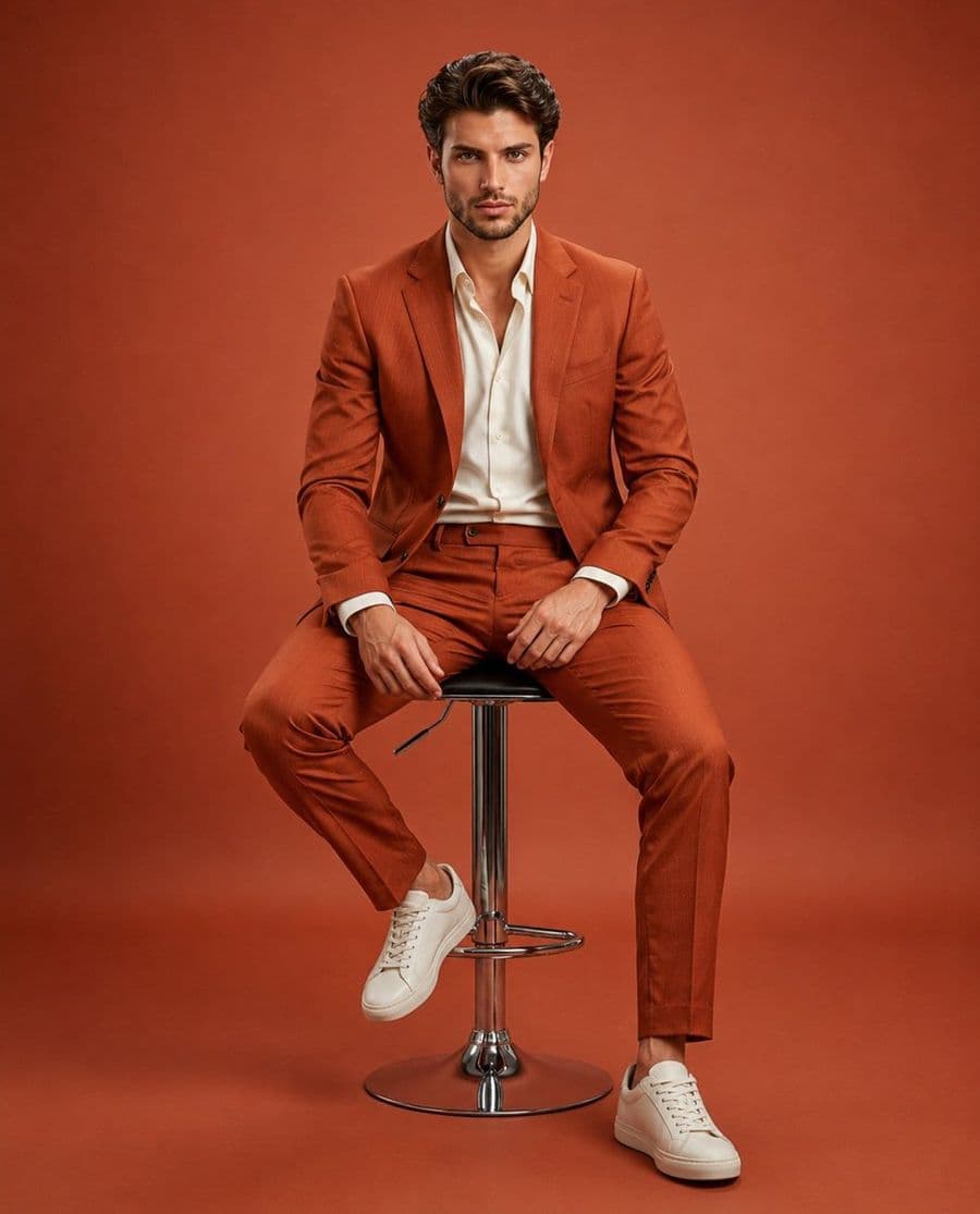 Retrato de editorial de moda en taburete