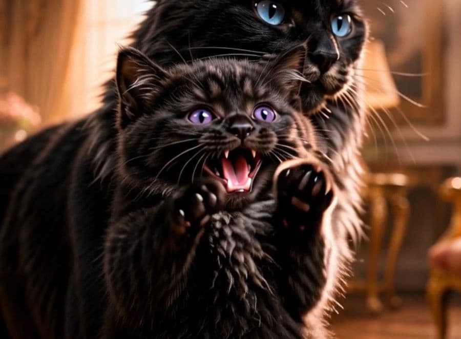 Protective Black Cat and Hissing Kitten