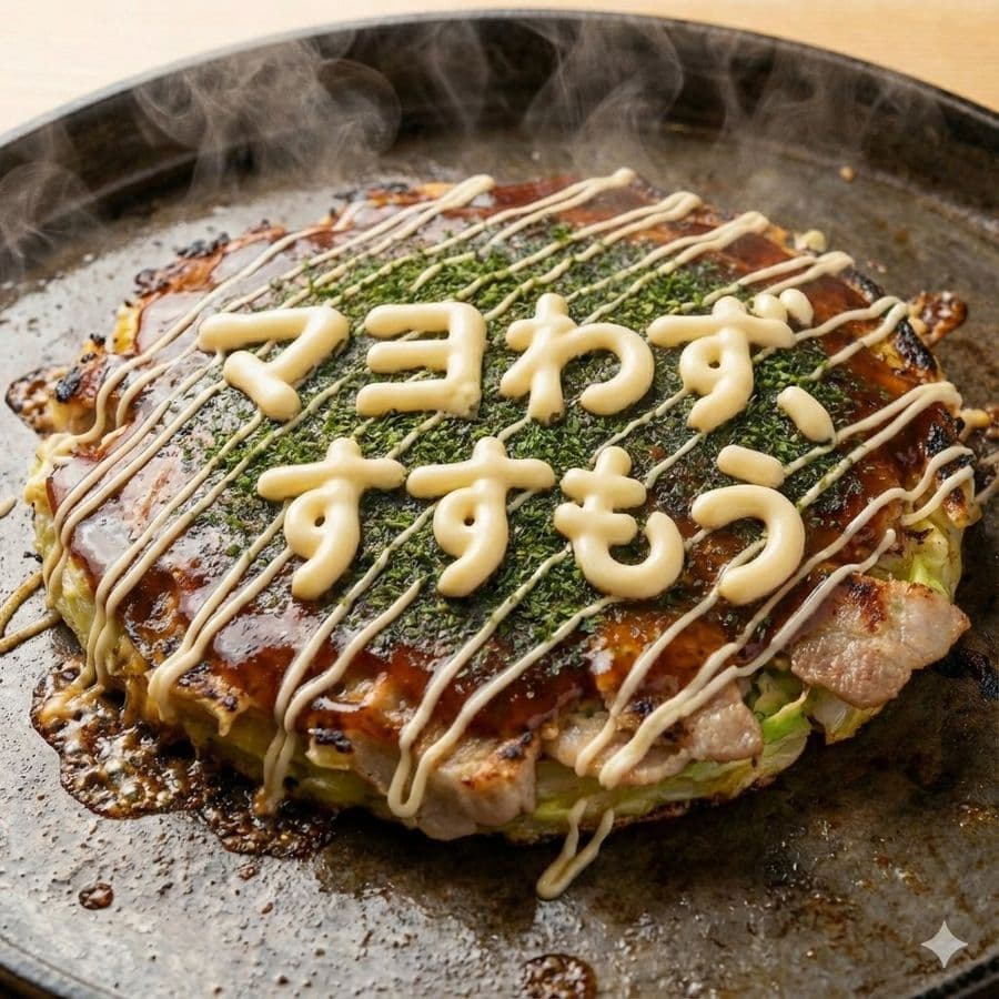 Imagen en primer plano 1:1 de okonomiyaki caliente