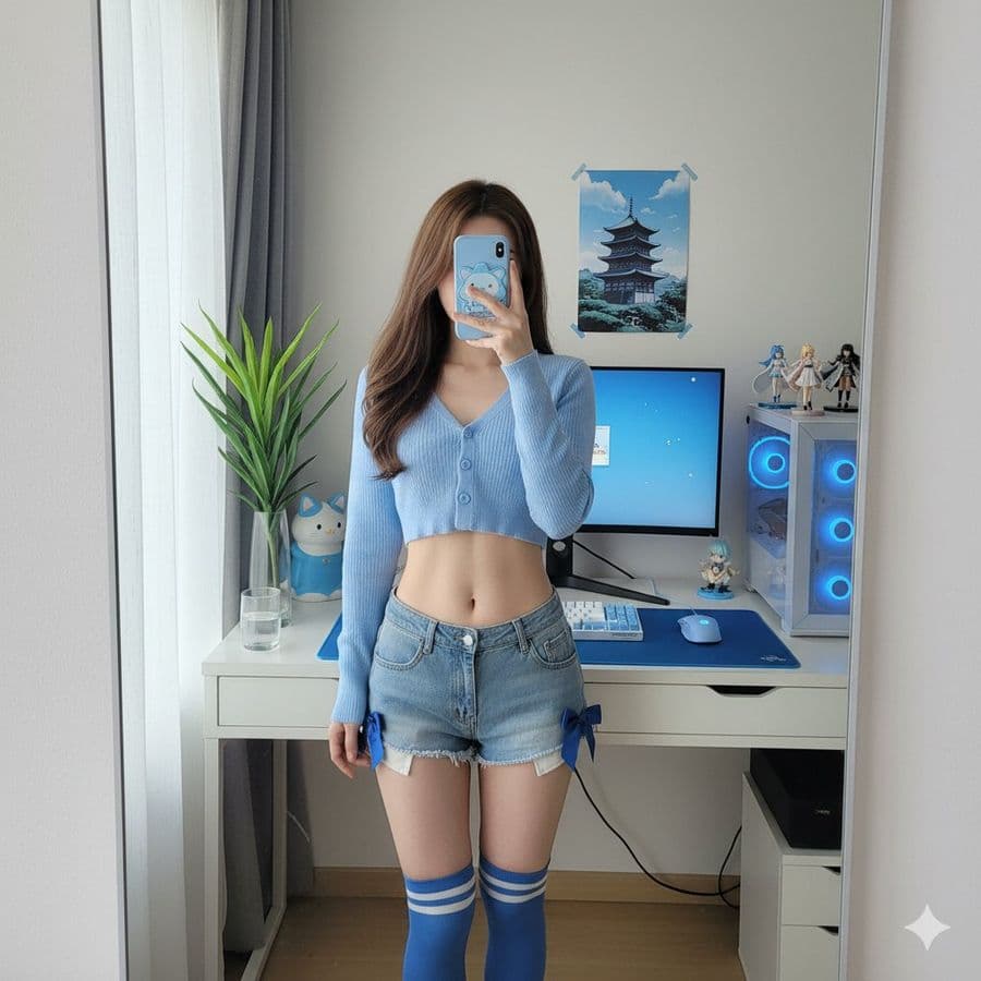 Escena detallada de una habitación otaku con selfi en el espejo
