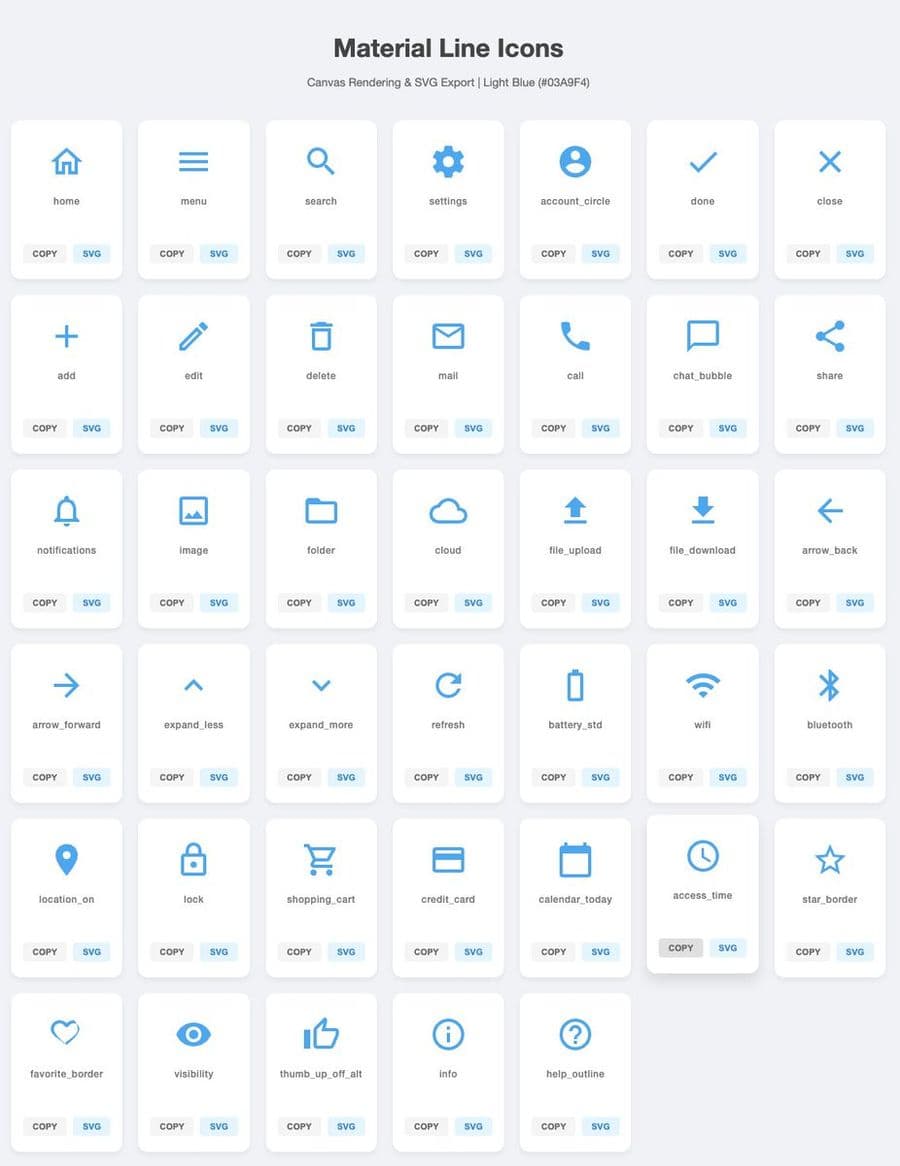 Generate 40 simple SVG icons with download buttons