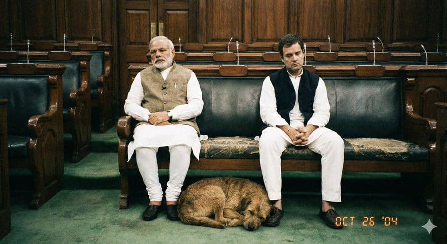 Politici indiani annoiati con un cane stanco