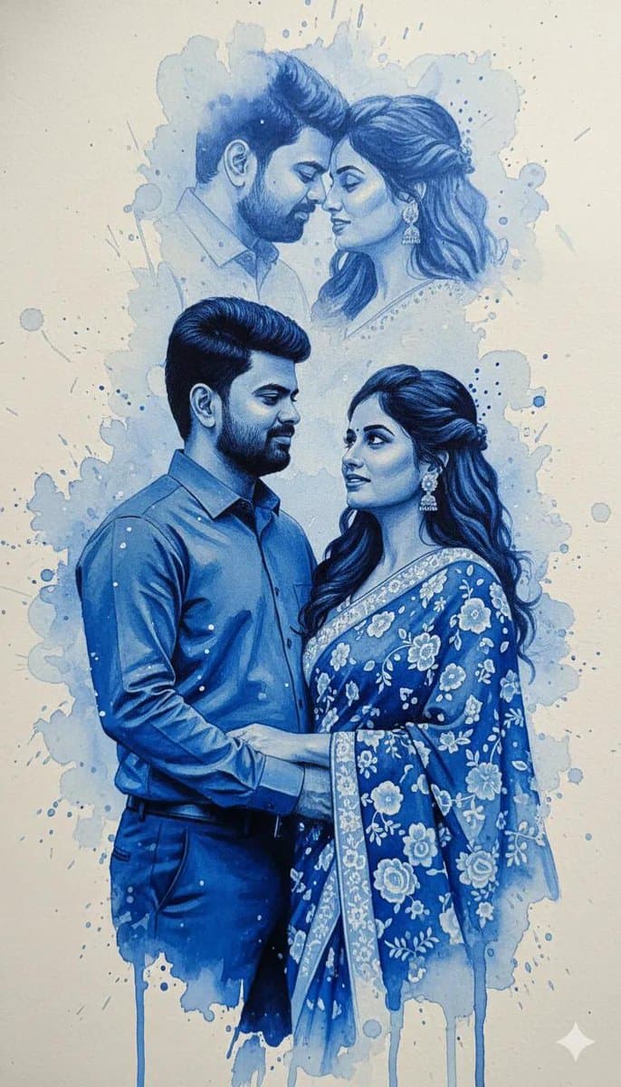 Retrato Romântico com Tinta Azul Derramada