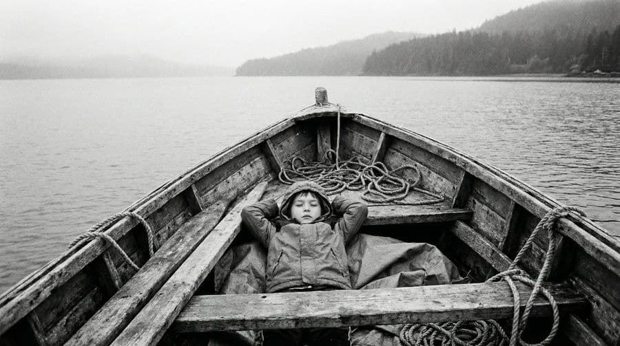 Foto documental en blanco y negro de un niño en un bote