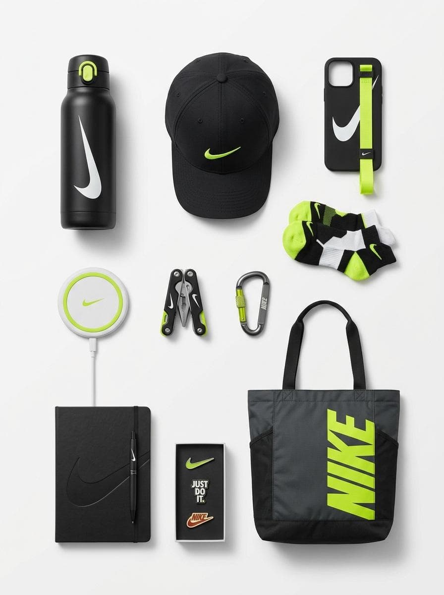 Collezione Capsule di Merchandising Premium con Brand (Prospettiva Knolling)