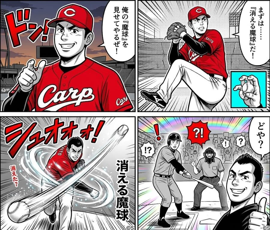 AI 生成 4 コマ漫画:消えた魔法のボール