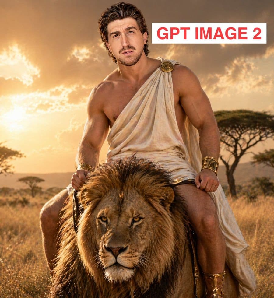 Dios griego montando un león