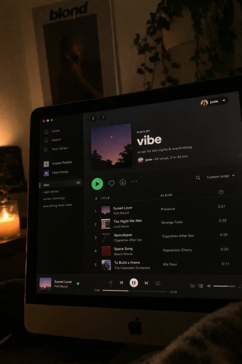 夜の Spotify プレイリスト画面