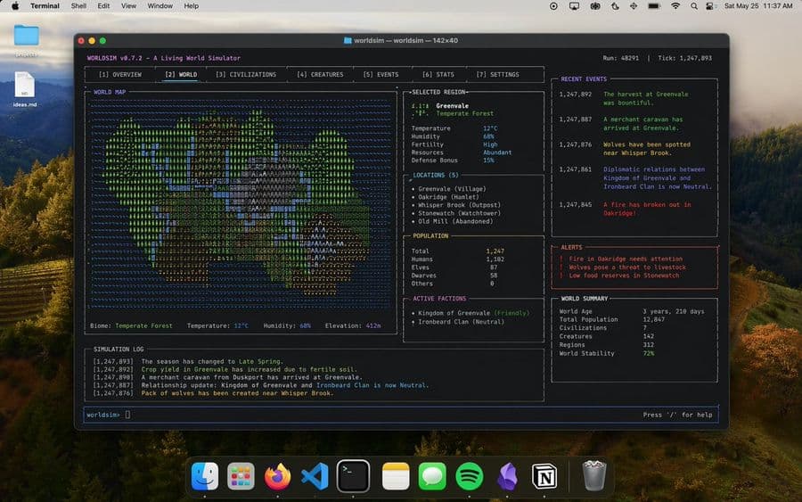 Mac 터미널 세계 시뮬레이션 UI