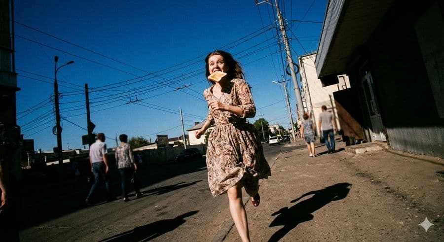 ローアングルで捉えた走る女性のストリートフォト
