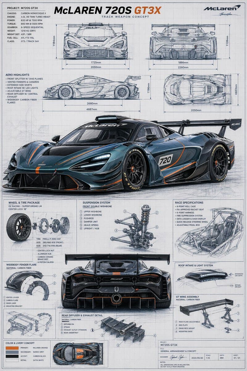McLaren GT3X テクニカルブループリントポスター