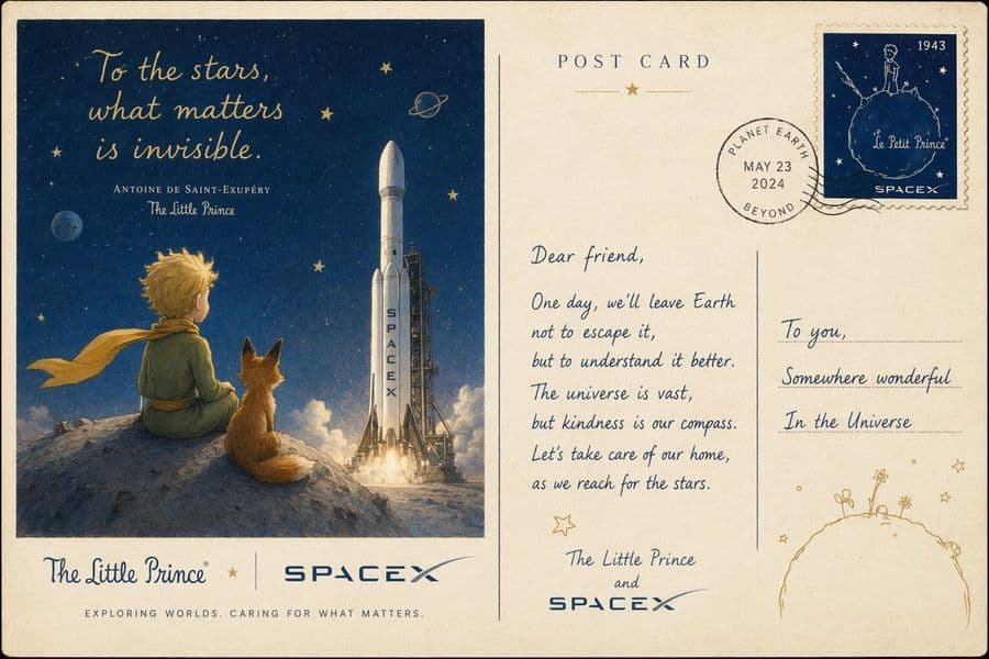 Postal vintage del Principito en el espacio