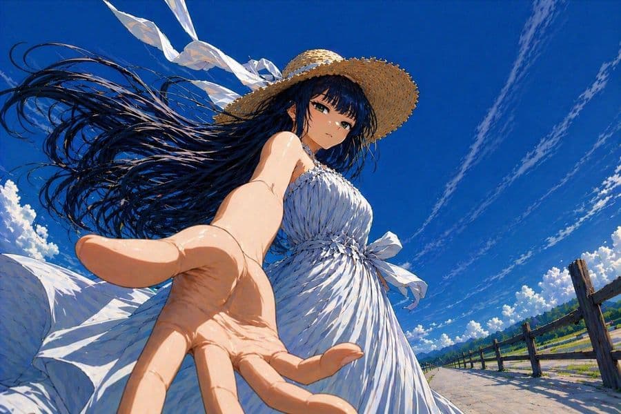 Anime de Verão em Ângulo Baixo com Mão Estendida