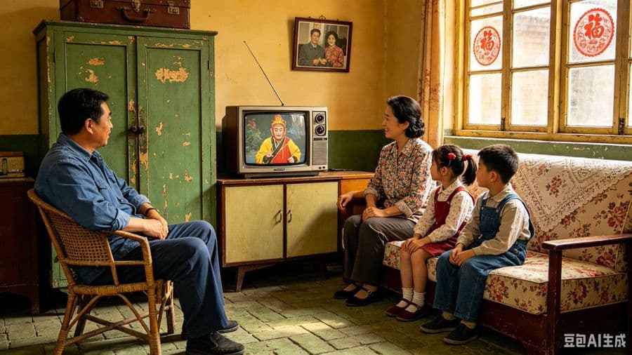 Familia china de los años 80 viendo la televisión