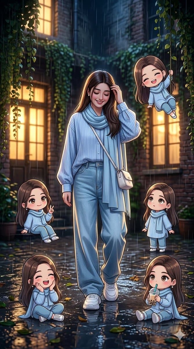 치비 캐릭터가 포함된 애니메이션 스타일 인물 사진
