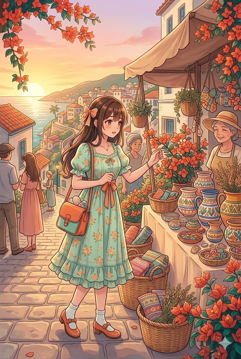Spaziergang durch ein Küstendorf im Anime-Stil