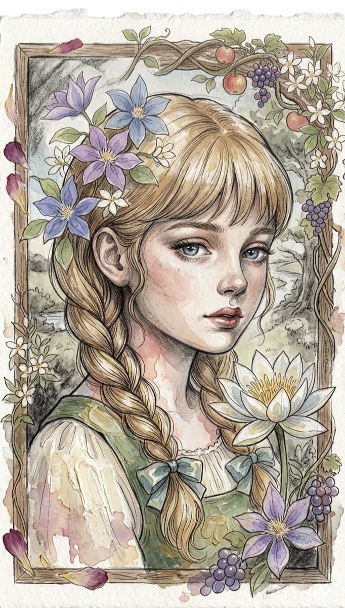 Aquarell-Porträt eines Mädchens mit Blumen
